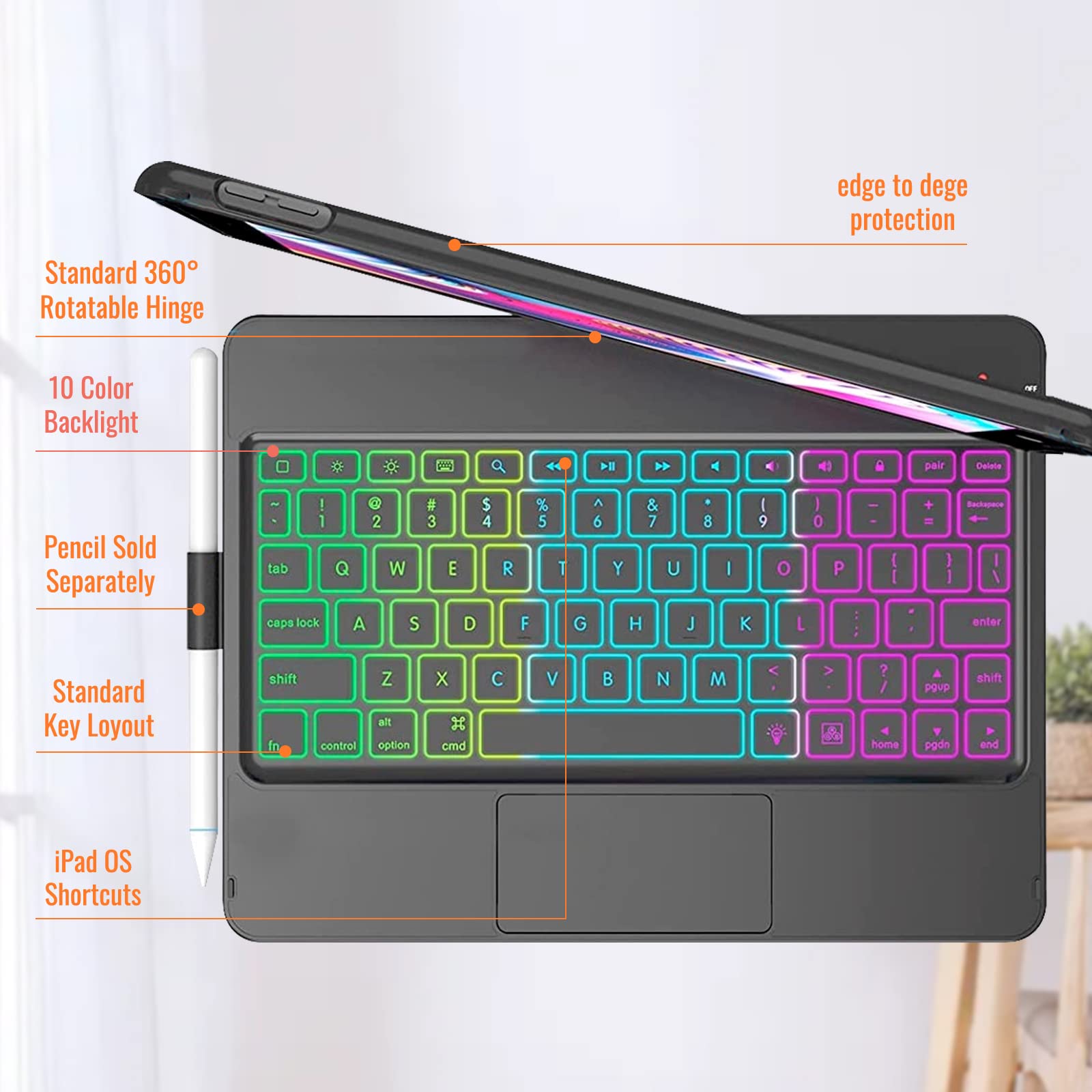 iPad Keyboard Case for iPad 7/8/9th Gen 10.2 Air 3rd 10.5 with 360 Screen Rotate