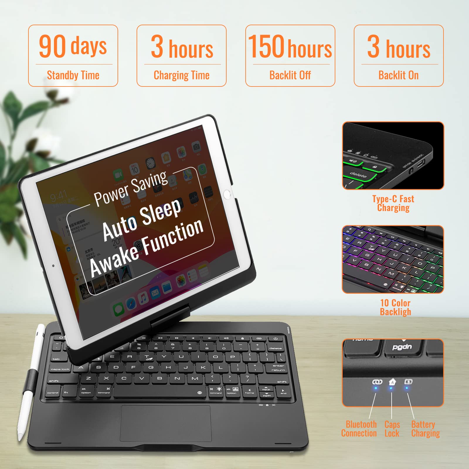 iPad Keyboard Case for iPad 7/8/9th Gen 10.2 Air 3rd 10.5 with 360 Screen Rotate